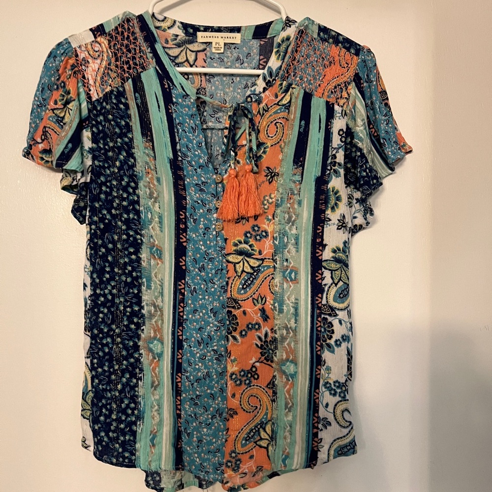 Farmers Market by One World Patterned Woven Flutter Sleeve Keyhole Tie-Neck.